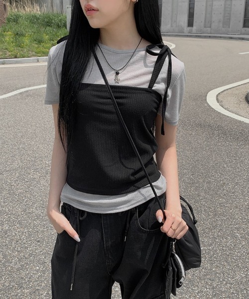 anyonemore(エニワンモア)の「紐付きリブビスチェ+シアー半袖Tシャツセット(Tシャツ/カットソー・レディース・グレー・FREE)」の7枚目の写真