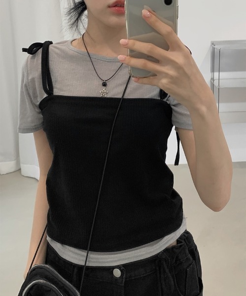 anyonemore(エニワンモア)の「紐付きリブビスチェ+シアー半袖Tシャツセット(Tシャツ/カットソー・レディース・グレー・FREE)」の10枚目の写真