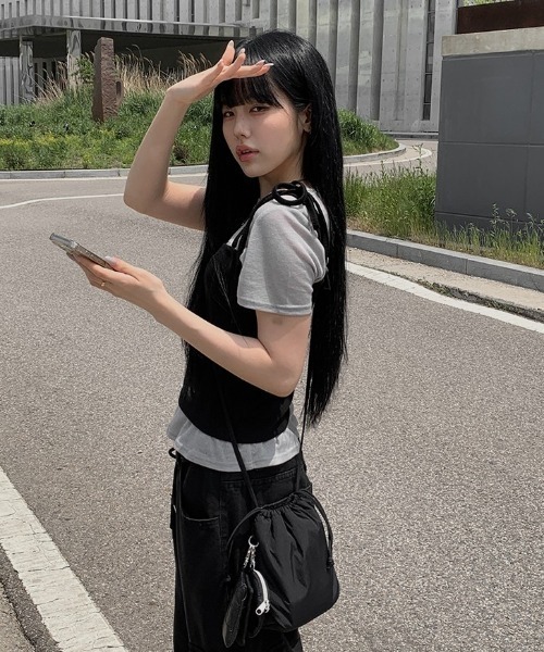 anyonemore(エニワンモア)の「紐付きリブビスチェ+シアー半袖Tシャツセット(Tシャツ/カットソー・レディース・グレー・FREE)」の11枚目の写真