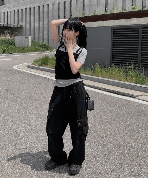 anyonemore(エニワンモア)の「紐付きリブビスチェ+シアー半袖Tシャツセット(Tシャツ/カットソー・レディース・グレー・FREE)」の4枚目の写真