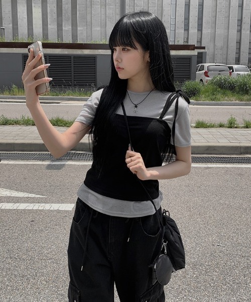 anyonemore(エニワンモア)の「紐付きリブビスチェ+シアー半袖Tシャツセット(Tシャツ/カットソー・レディース・グレー・FREE)」の13枚目の写真
