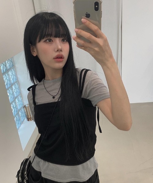 anyonemore(エニワンモア)の「紐付きリブビスチェ+シアー半袖Tシャツセット(Tシャツ/カットソー・レディース・グレー・FREE)」の14枚目の写真