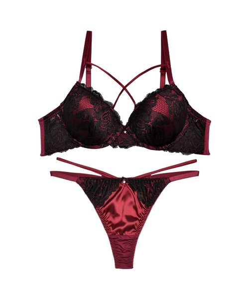 サテン フラワー レース クロスコード ブラジャー ＆ バック透け T