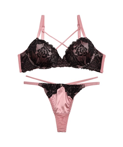 サテン フラワー レース クロスコード ブラジャー ＆ バック透け T