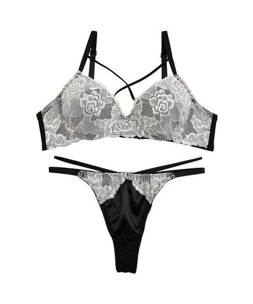 サテン フラワー レース クロスコード ブラジャー ＆ バック透け T