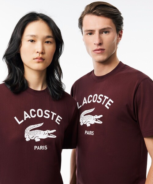 国内配送★LACOSTE★アーチネームカレッジロゴTシャツ ヘビーウェイト アーチネームカレッジロゴプリント 半袖Tシャツ