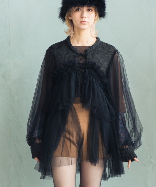 ORIENT MILLINERY(オリエント ミリナリー)の「DYLI【ディリ】チュールxニット ドッキング ブルゾン系カーディガン(カーディガン/ボレロ・レディース・ブラック系その他/ブラック/グリーン系その他/ライトグレー系/オレンジ系/ネイビー系・FREE)」の8枚目の写真