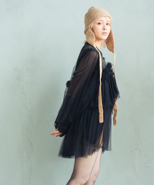 ORIENT MILLINERY(オリエント ミリナリー)の「DYLI【ディリ】チュールxニット ドッキング ブルゾン系カーディガン(カーディガン/ボレロ・レディース・ブラック系その他/ブラック/グリーン系その他/ライトグレー系/オレンジ系/ネイビー系・FREE)」の14枚目の写真