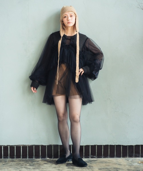 ORIENT MILLINERY(オリエント ミリナリー)の「DYLI【ディリ】チュールxニット ドッキング ブルゾン系カーディガン(カーディガン/ボレロ・レディース・ブラック系その他/ブラック/グリーン系その他/ライトグレー系/オレンジ系/ネイビー系・FREE)」の15枚目の写真