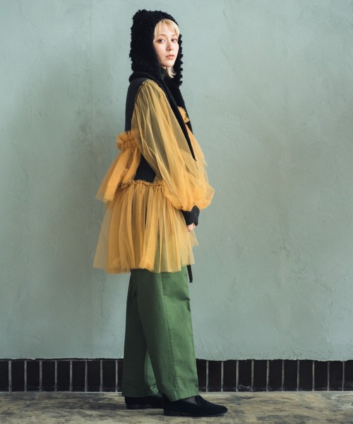 ORIENT MILLINERY(オリエント ミリナリー)の「DYLI【ディリ】チュールxニット ドッキング ブルゾン系カーディガン(カーディガン/ボレロ・レディース・ブラック系その他/ブラック/グリーン系その他/ライトグレー系/オレンジ系/ネイビー系・FREE)」の21枚目の写真