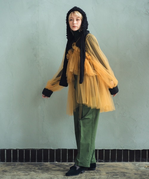 ORIENT MILLINERY(オリエント ミリナリー)の「DYLI【ディリ】チュールxニット ドッキング ブルゾン系カーディガン(カーディガン/ボレロ・レディース・ブラック系その他/ブラック/グリーン系その他/ライトグレー系/オレンジ系/ネイビー系・FREE)」の22枚目の写真