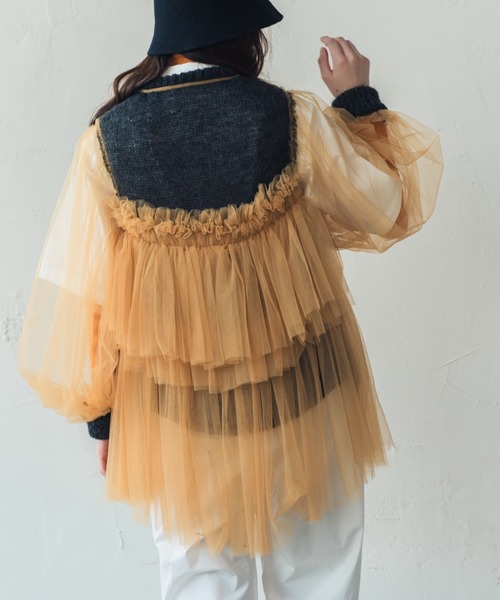 ORIENT MILLINERY(オリエント ミリナリー)の「DYLI【ディリ】チュールxニット ドッキング ブルゾン系カーディガン(カーディガン/ボレロ・レディース・ブラック系その他/ブラック/グリーン系その他/ライトグレー系/オレンジ系/ネイビー系・FREE)」の12枚目の写真