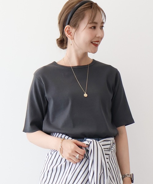 AMERICAN HOLIC(アメリカンホリック)の「抗菌防臭リブ5分袖カットプルオーバー(Tシャツ/カットソー・レディース・チャコールグレー/アイボリー/その他7/ホワイト系その他4・M/L)」の1枚目の写真