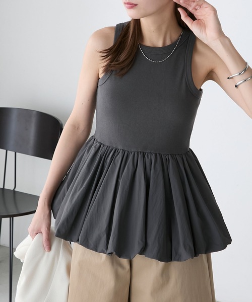 BONLECILL（ボンルシール）の「カップ付バルーンヘムタンクトップ（タンクトップ・レディース・チャコールグレー/オフホワイト/ブラック・FREE）」の2枚目の写真