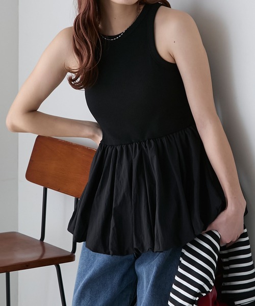 BONLECILL（ボンルシール）の「カップ付バルーンヘムタンクトップ（タンクトップ・レディース・チャコールグレー/オフホワイト/ブラック・FREE）」の3枚目の写真