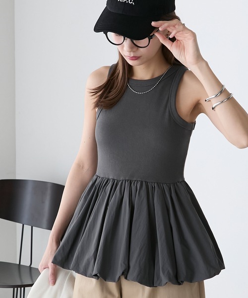 BONLECILL（ボンルシール）の「カップ付バルーンヘムタンクトップ（タンクトップ・レディース・チャコールグレー/オフホワイト/ブラック・FREE）」の8枚目の写真