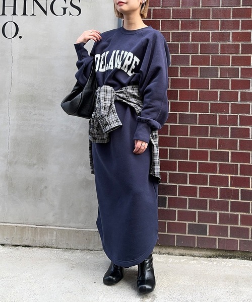 正規品♡ロゴ裏毛ワンピース♡チャコールグレー 裏起毛カレッジロゴワンピース（ワンピース）｜meilmada（メイルマダ