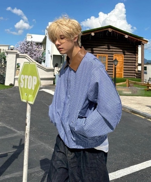 セール】コントラスト レザーカラー チェック ジャケット（ブルゾン