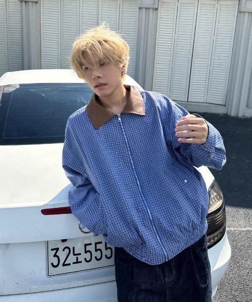 セール】コントラスト レザーカラー チェック ジャケット（ブルゾン