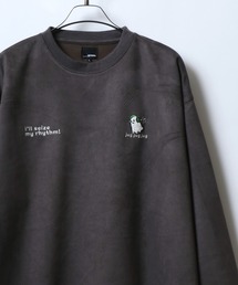 Faux Suede Chenille Embroidery Sweat Shirt/サガラ刺繍 フェイクスエード スウェット トレーナー アニマル ゴースト ワンポイント刺繍