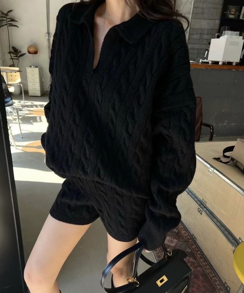 LYEON(リヨン)の「ケーブルポロトップス&ショーパンニットセットアップ(ニット/セーター・レディース・アイボリー/ブラック/グレー・FREE)」の11枚目の写真