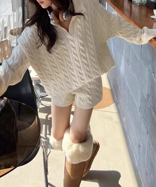 LYEON(リヨン)の「ケーブルポロトップス&ショーパンニットセットアップ(ニット/セーター・レディース・アイボリー/ブラック/グレー・FREE)」の8枚目の写真