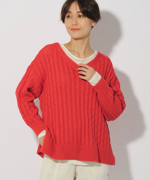 Elura(エルーラ)の「ケーブルVネックニット/286647(ニット/セーター・レディース・オレンジ/ネイビー/オフホワイト・FREE)」の3枚目の写真