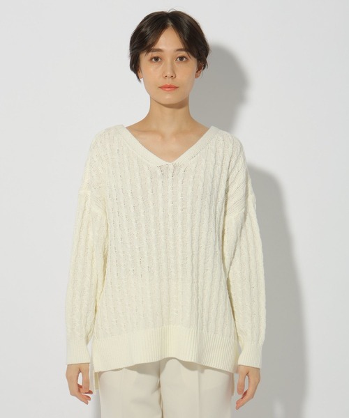 Elura(エルーラ)の「ケーブルVネックニット/286647(ニット/セーター・レディース・オレンジ/ネイビー/オフホワイト・FREE)」の12枚目の写真