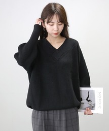 畦編み重ねVネックニットプルオーバー