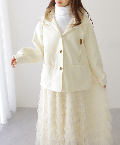 Lace Ladies(レースレディース)の「異素材 ウールライク フード付き コート ジャケット(ステンカラーコート・レディース・アイボリー/ブラウン・M/XL)」の11枚目の写真