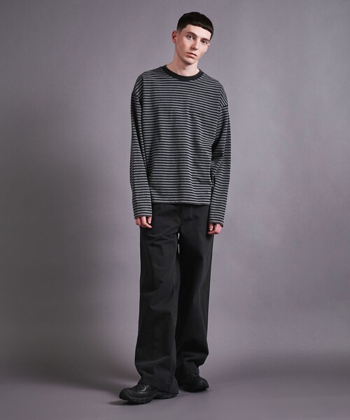 『men's』ボーダーロンT セール】アシッドウォッシュ ボーダー ロングスリーブ Tシャツ