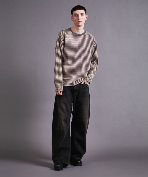 MONKEY TIME（モンキータイム）の「アシッドウォッシュ ボーダー ロングスリーブ Tシャツ（Tシャツ/カットソー・メンズ・ダークグレー/ピンク・S/XL/M/L）」の5枚目の写真