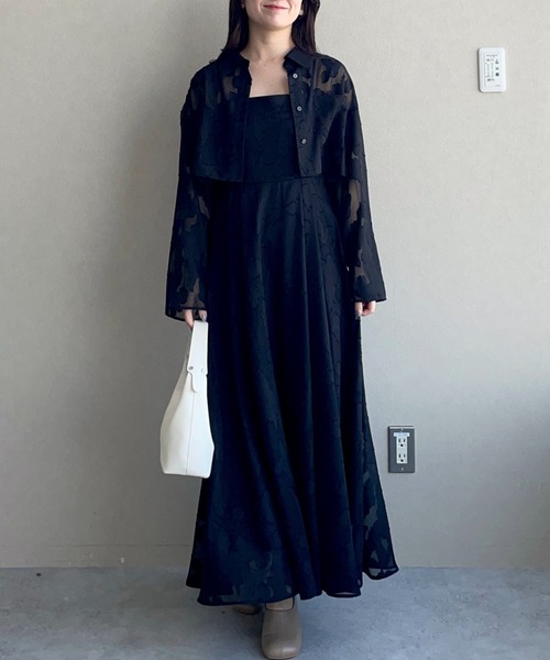 セットワンピ】フラワージャガードシアーシャツSETワンピース