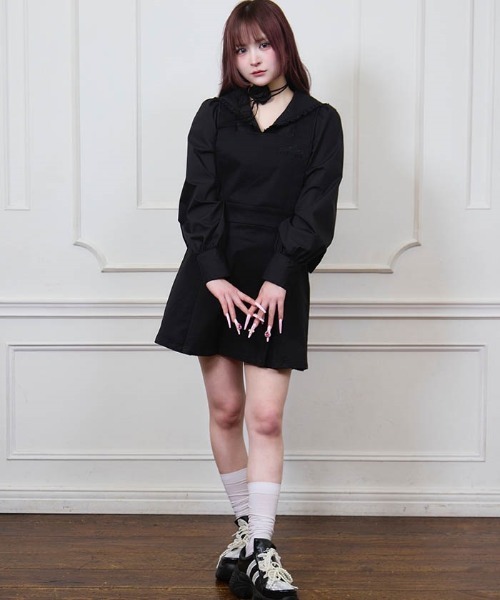 FickleBebe ジャンパースカート 水色 フリル Fickle Bebe スカート サテンボリュームギャザースカート