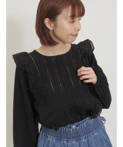 Samansa Mos2（サマンサ モスモス）の「ドビーストライプレースフリルブラウス（シャツ/ブラウス・レディース・ブルー/オフホワイト/レッド/ブラック・F）」の3枚目の写真