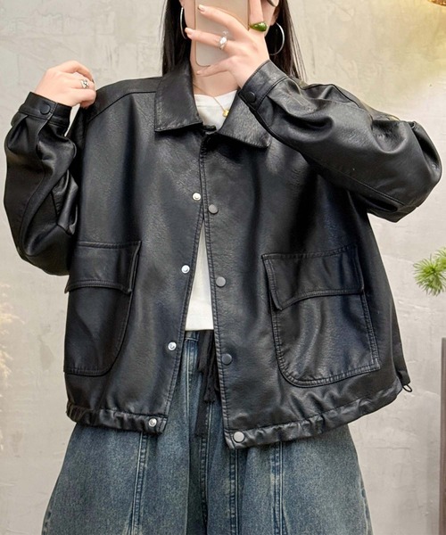 aimoha（アイモハ）の「クラシックカラーデザインPUレザージャケット（ライダースジャケット・レディース・ブラック/カーキ/グレー・MEDIUM/LARGE）」の6枚目の写真