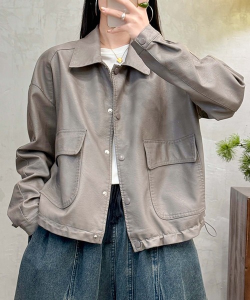 aimoha（アイモハ）の「クラシックカラーデザインPUレザージャケット（ライダースジャケット・レディース・ブラック/カーキ/グレー・MEDIUM/LARGE）」の10枚目の写真