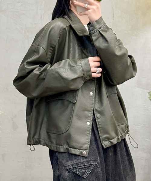 aimoha（アイモハ）の「クラシックカラーデザインPUレザージャケット（ライダースジャケット・レディース・ブラック/カーキ/グレー・MEDIUM/LARGE）」の16枚目の写真