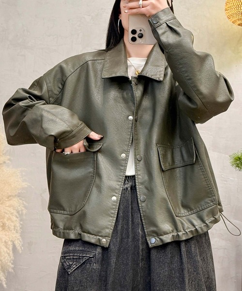 aimoha（アイモハ）の「クラシックカラーデザインPUレザージャケット（ライダースジャケット・レディース・ブラック/カーキ/グレー・MEDIUM/LARGE）」の14枚目の写真