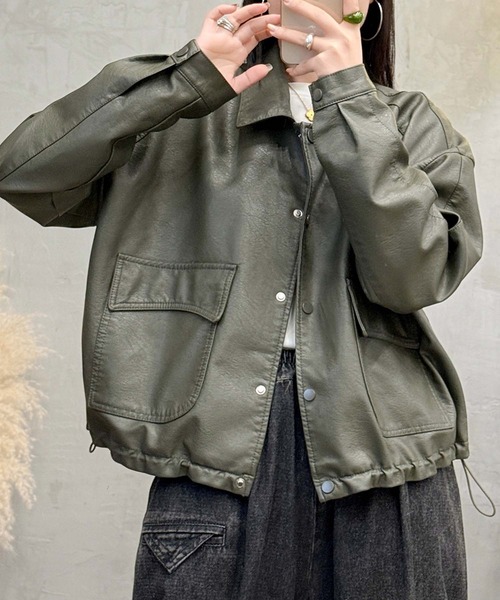 aimoha（アイモハ）の「クラシックカラーデザインPUレザージャケット（ライダースジャケット・レディース・ブラック/カーキ/グレー・MEDIUM/LARGE）」の17枚目の写真