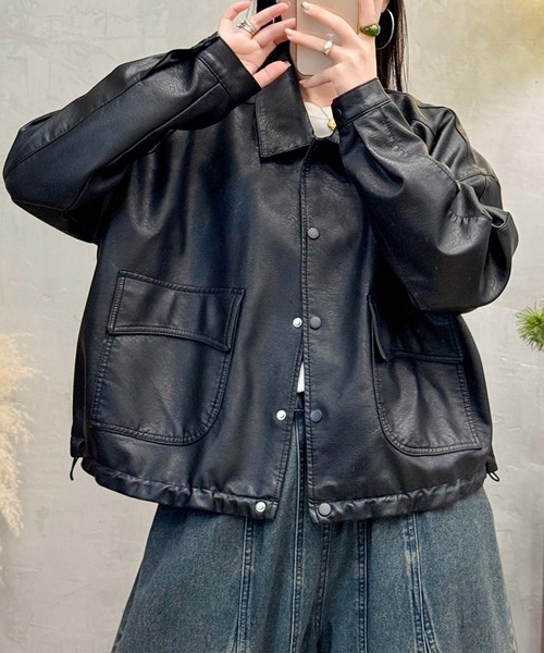 aimoha（アイモハ）の「クラシックカラーデザインPUレザージャケット（ライダースジャケット・レディース・ブラック/カーキ/グレー・MEDIUM/LARGE）」の7枚目の写真