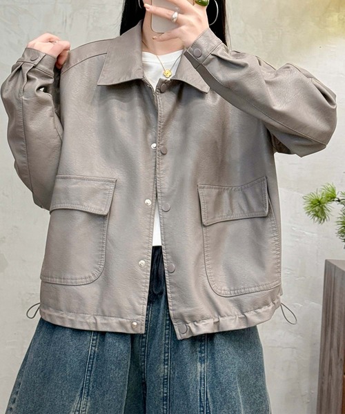 aimoha（アイモハ）の「クラシックカラーデザインPUレザージャケット（ライダースジャケット・レディース・ブラック/カーキ/グレー・MEDIUM/LARGE）」の11枚目の写真