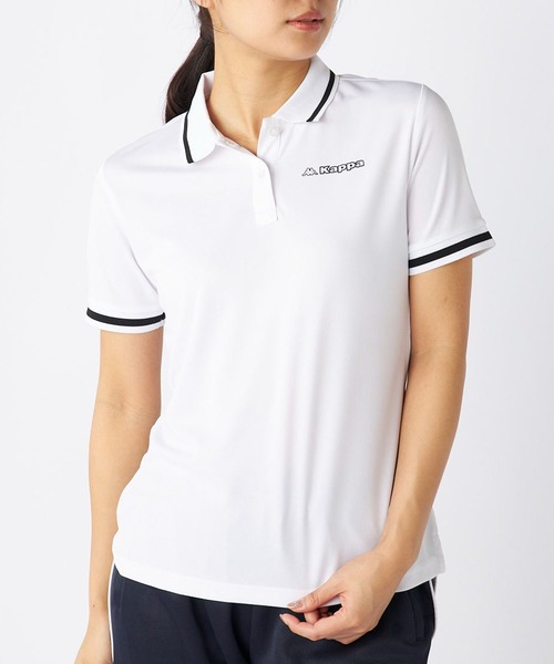 Kappa（カッパ）の「Kappa カッパ 半袖 ポロシャツ ワンポイント ロゴ 紫外線対策 UVカット 吸汗速乾 メッシュ ハーフボタン 衿袖ライン入り Tシャツ（ポロシャツ・レディース・ブラック/ホワイト/ネイビー・M/L/LL）」の2枚目の写真