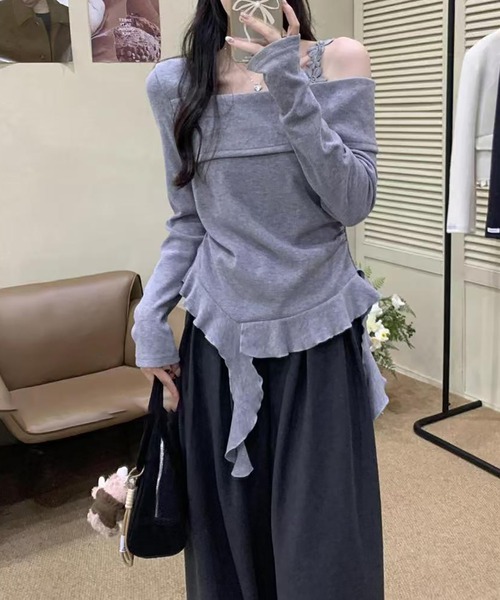cocodealオフショルダー ダークブルー 長袖トップス セール】ハーフオフショルダートップス(Tシャツ/カットソー