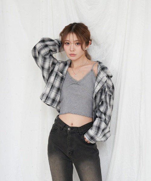 RAY CASSIN（レイカズン）の「オーバーサイズチェックショート丈シャツ/ フードシャツ（シャツ/ブラウス・レディース・ブラック/ブルー/ブラウン・FREE）」の14枚目の写真