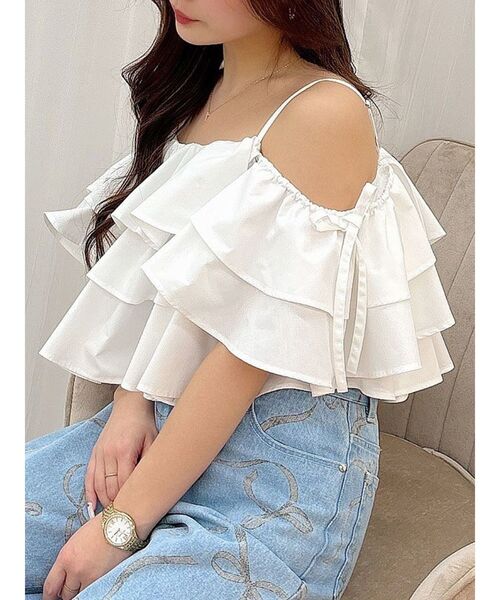 MERCURYDUO（マーキュリーデュオ）の「オフショルフリルブラウス（シャツ/ブラウス・レディース・インディゴブルー/オフホワイト/その他1/ブラック・FREE）」の2枚目の写真