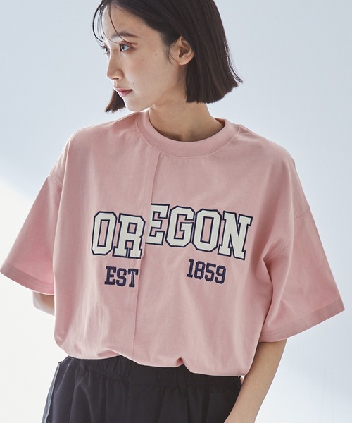 MONO-MART(モノマート)の「リメイクライク カレッジロゴ刺繍スイッチング半袖Tシャツ(Tシャツ/カットソー・レディース・スミクロ/ピンク/オフホワイト・FREE)」の3枚目の写真