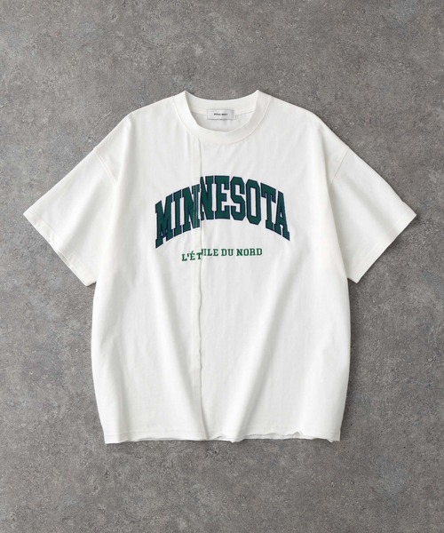 リメイクライク カレッジロゴ刺繍スイッチング半袖Tシャツ MONO