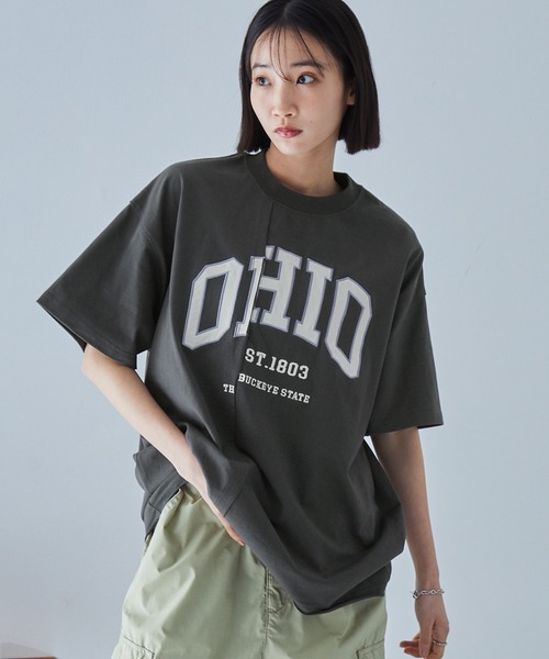 tシャツ リメイクライクカレッジ（半袖） レディース リメイクライク カレッジロゴ刺繍スイッチング半袖Tシャツ MONO