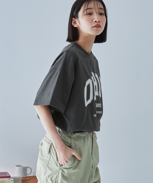 tシャツ リメイクライクカレッジ（半袖） レディース tシャツ リメイクライク カレッジロゴ刺繍スイッチング半袖T